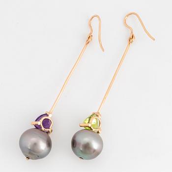 Cultured Tahiti pearl, peridot and amethyst earrings.