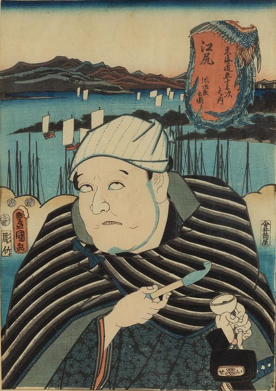 Kuniyoshi (1797/98-1861), samt Utagawa Kunisada I (Toyokuni III), färgträsnitt, 3 st, Japan, 1800-tal.