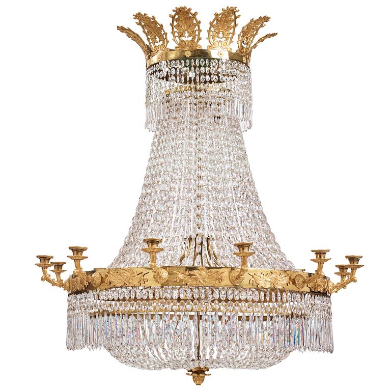 An Empire twelve-light chandelier, early 19th century.