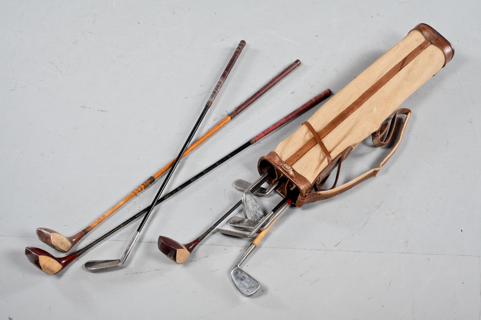 GOLFBAG samt KLUBBOR, 9 st, 1900-talets första hälft.
