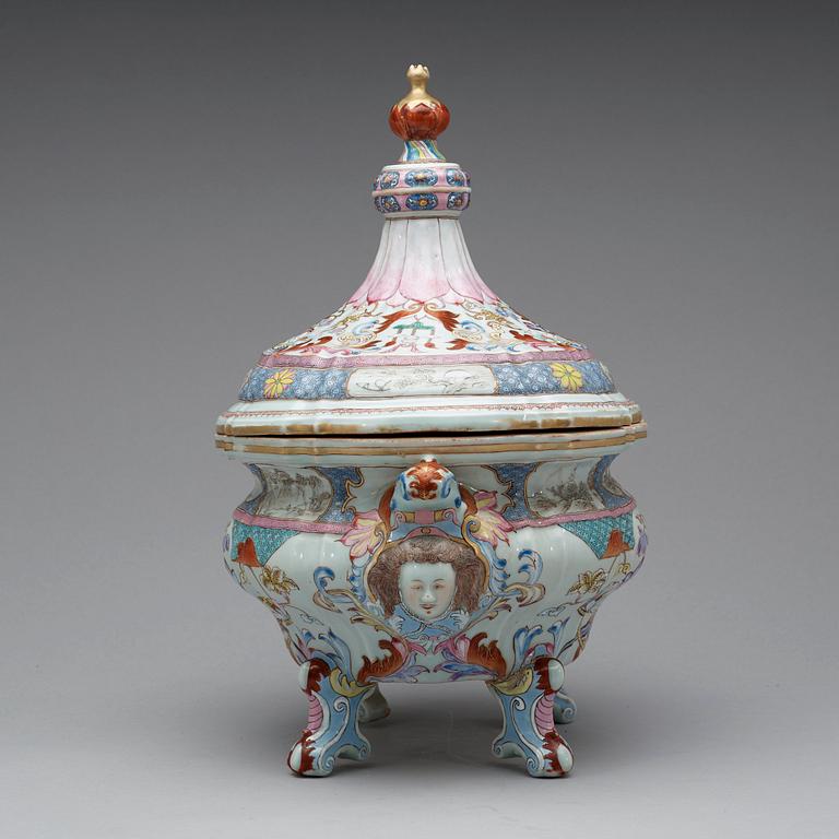 A rare large, finely painted tureen with cover and stand, Qing dynasty, Qianlong (1736-95).