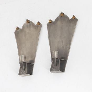 Astrid Aagesen, a pair of pewter wall sconces, Helsingborg, Swedish Grace, 1920s.