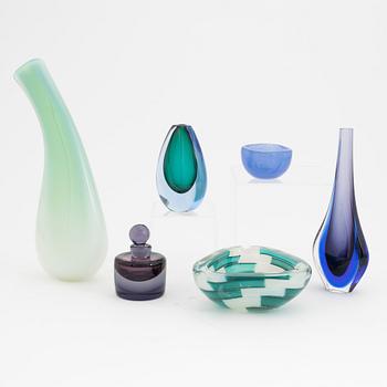 Three vases, a bottle, bowl and ashtray, glass, including Venini and Salviati & co, Murano, Italy.