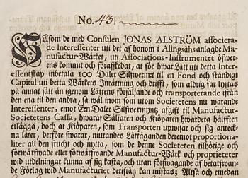 Aktiebrev, Ahlingsåhs Manufaktur Werk (Manufactur-Societet), No 43, 1728.