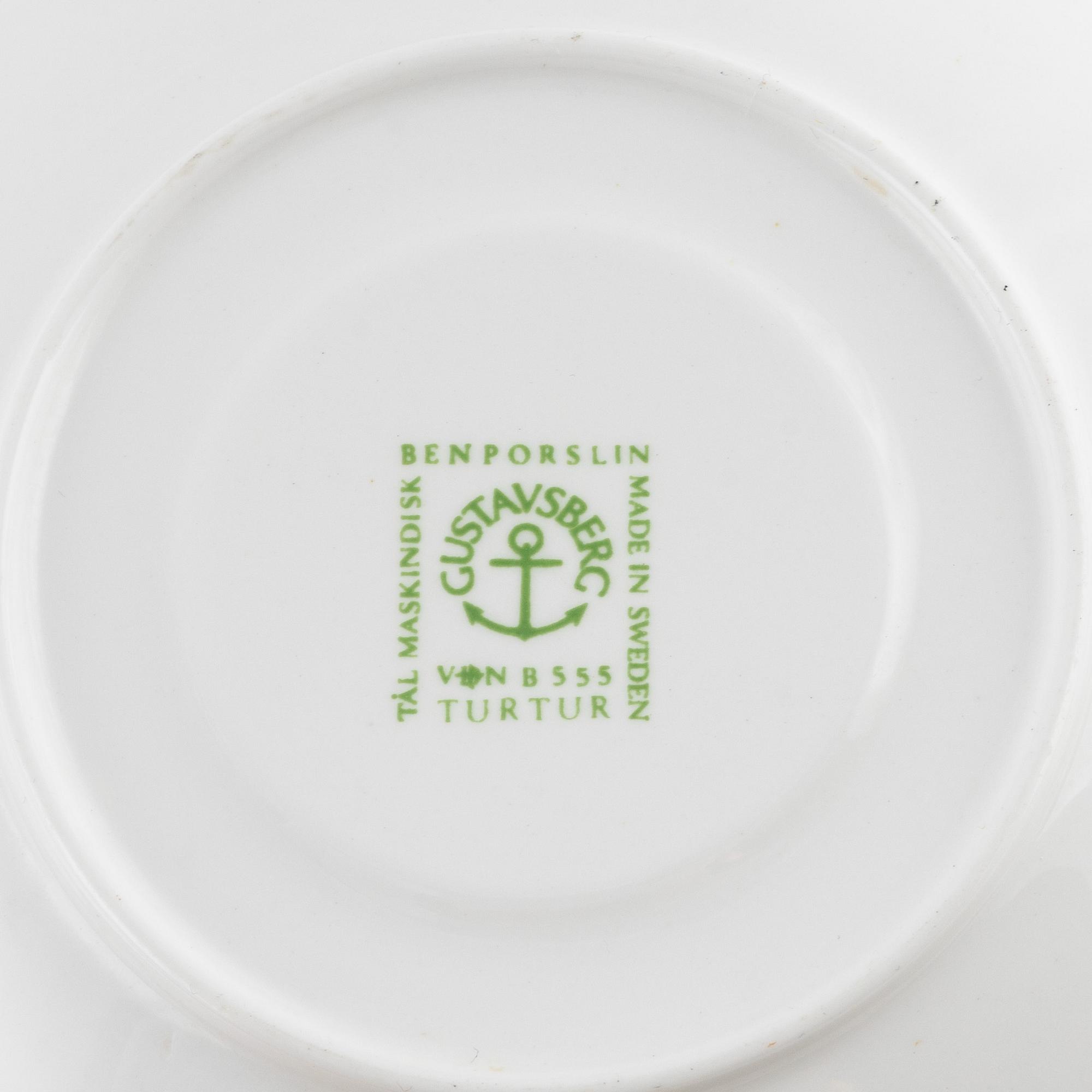 Stig Lindberg, kaffekoppar med fat, benporslin, 6 st "Turtur", Gustavsberg, 1990-tal.