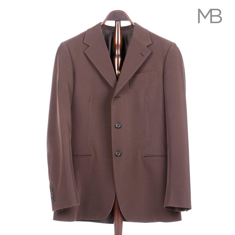 PRADA, a brown men's suit with jacket and pants, size 48.