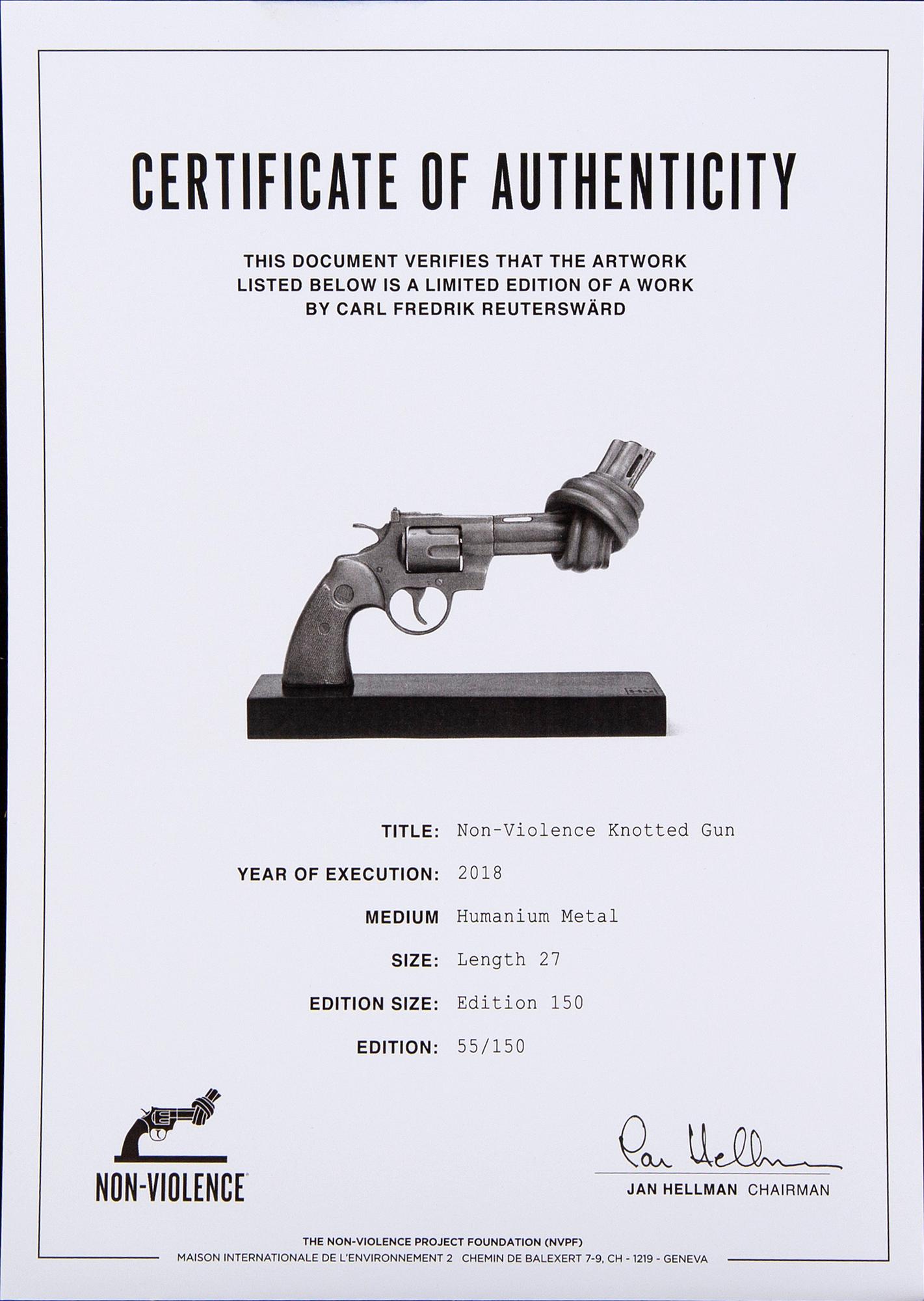 Carl-Fredrik Reuterswärd/ The Non-Violence Project Foundation, a signed and numbered sculpture 55/150 in humanium metal.