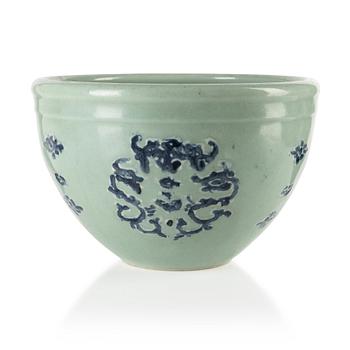 1119. A celadon ground blue and white flower pot, 20th century.