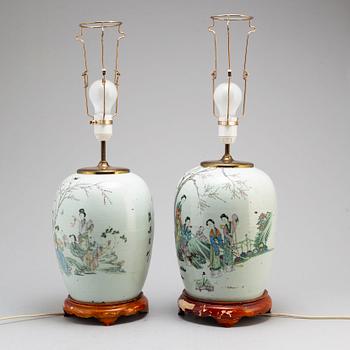 Two Chinese famille rose jars/table lamps, 20th century.