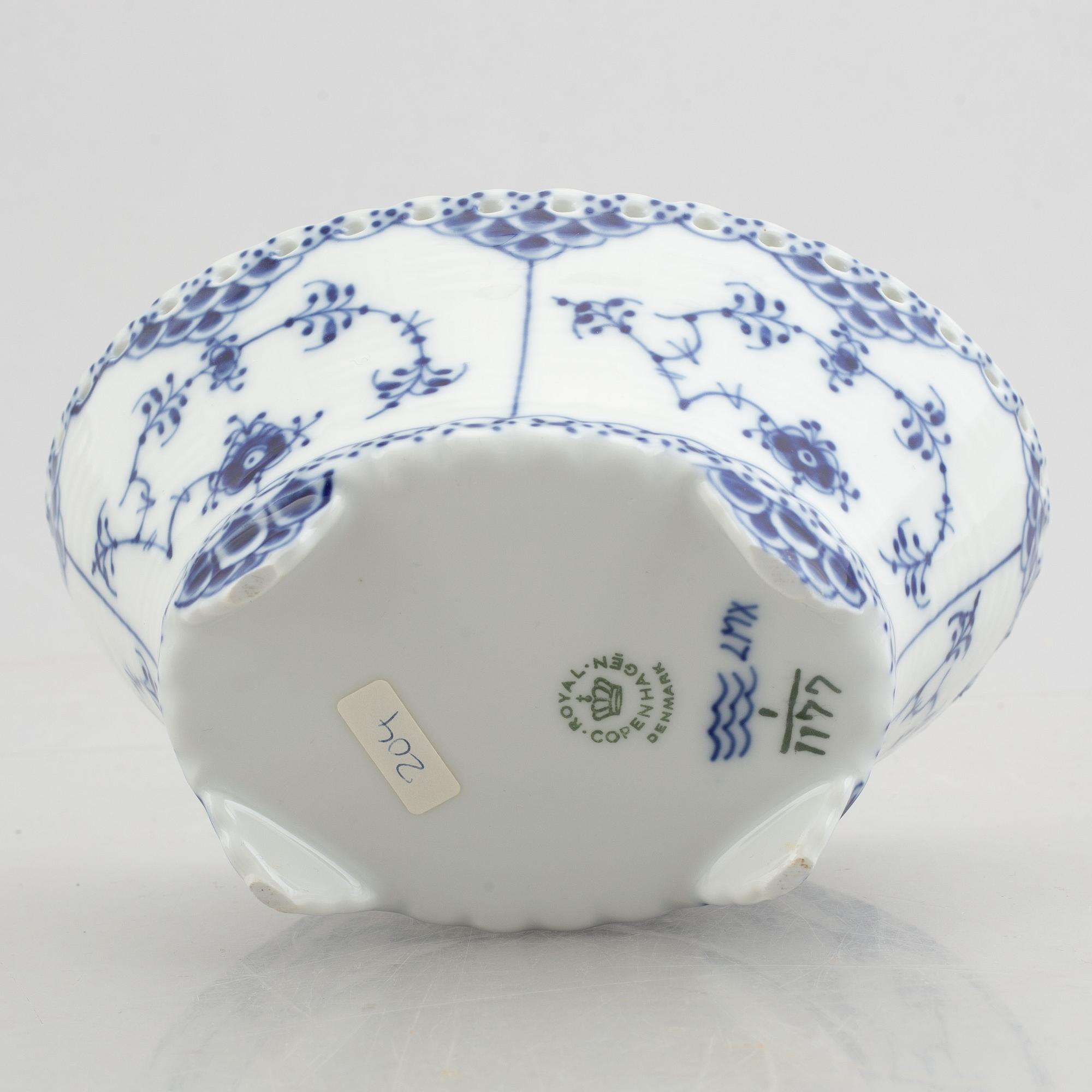 A group of two vases, two bowls and a candlestick, "Blue fluted full lace"/"Musselmalet", Royal Copenhagen.