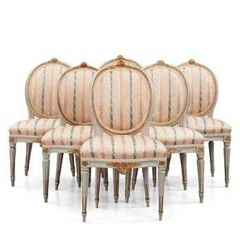 82. A set of six carved Gustavian chairs, one by Eric Levin (master ca 1780), late 18th century.