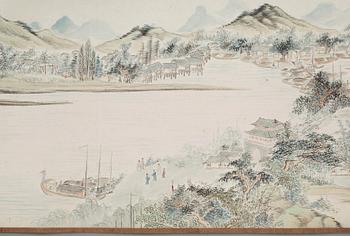 A handscroll by Chen Rong, of a river landscape depicting the farewell of Xu Fangyan leaving Lijiang, dated to 1837.