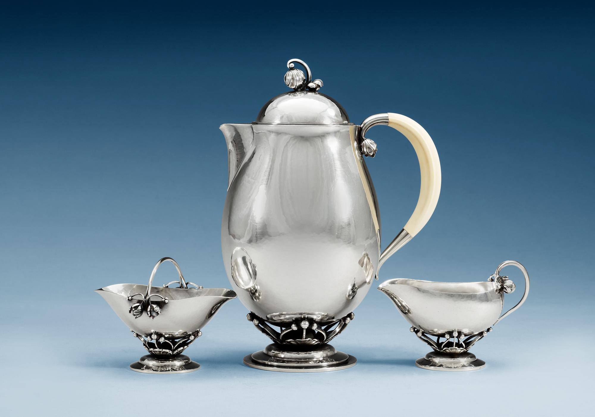 GEORG JENSEN, kaffeservis, 3 delar, Köpenhamn 1945-77, sterling.