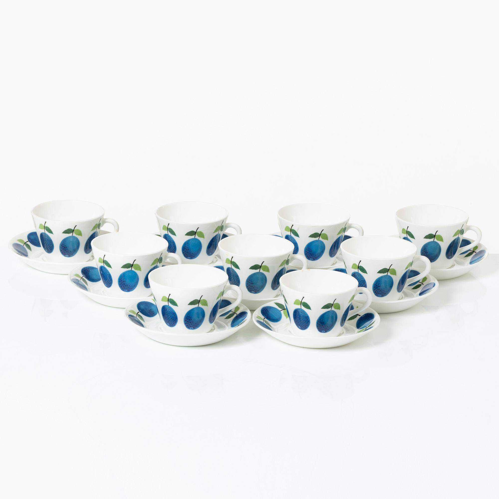 Stig Lindberg, Coffee cups with saucers, 9 pcs, "Prunus", Gustavsberg.