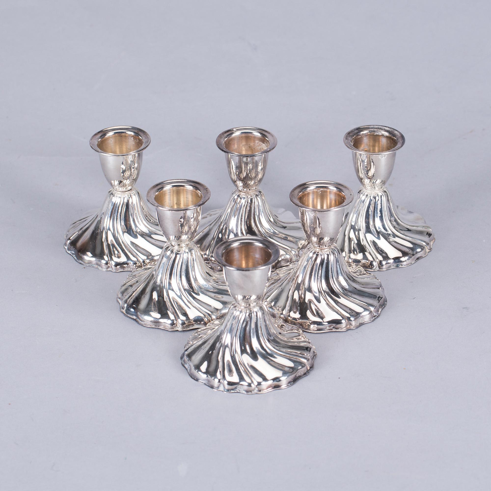 LJUSSTAKAR, 6 st, silver, liten modell, rokokostil. Svenska importstämplar.