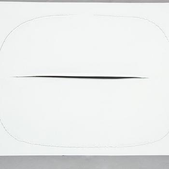 LUCIO FONTANA, unglazed porcelain multiple, signed on verso on affixed ceramic label and numbered 70/75.