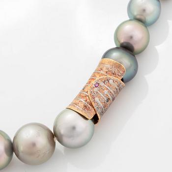 A cultured Tahiti pearl necklace with a Peter Schmid/Atelier Zobel clasp.