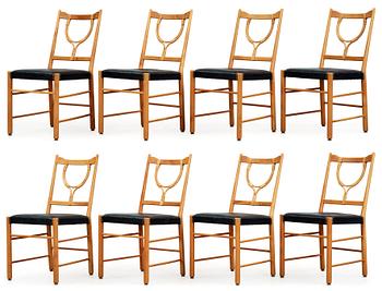 495. A set of eight mahogany, bamboo and black leather chairs, Svenskt Tenn.