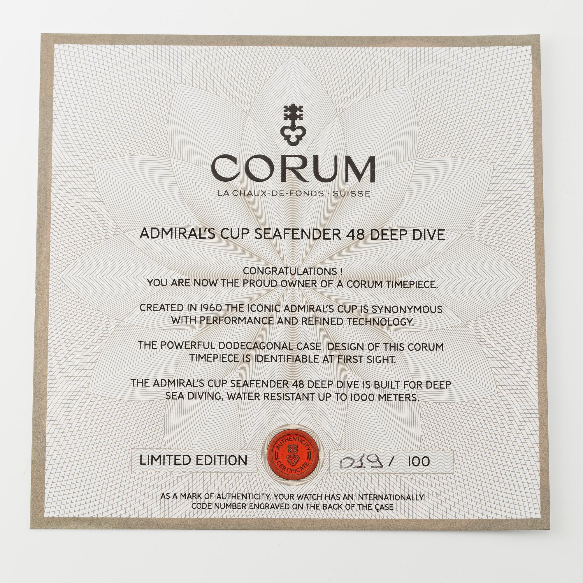 Corum, Admiral’s Cup, Seafender 48, Deep Dive, "Limited Edition", armbandsur, 48 mm.