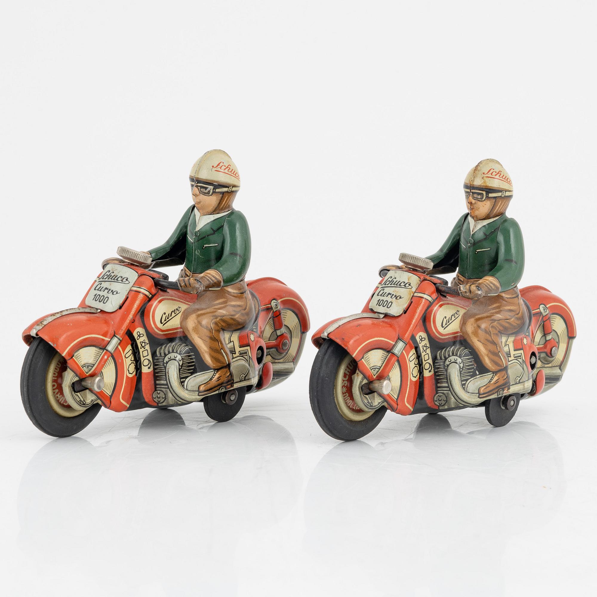 Schuco, four tin motorcycles, 'Curvo 1000' and 'Motodrill 1006', U.S. Zone Germany , mid 20th century.