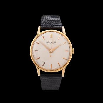 1229. Patek Philippe - Calatrava. Gold. Automatic. Leather strap. Ref. 3411. 34mm. Box and cert.