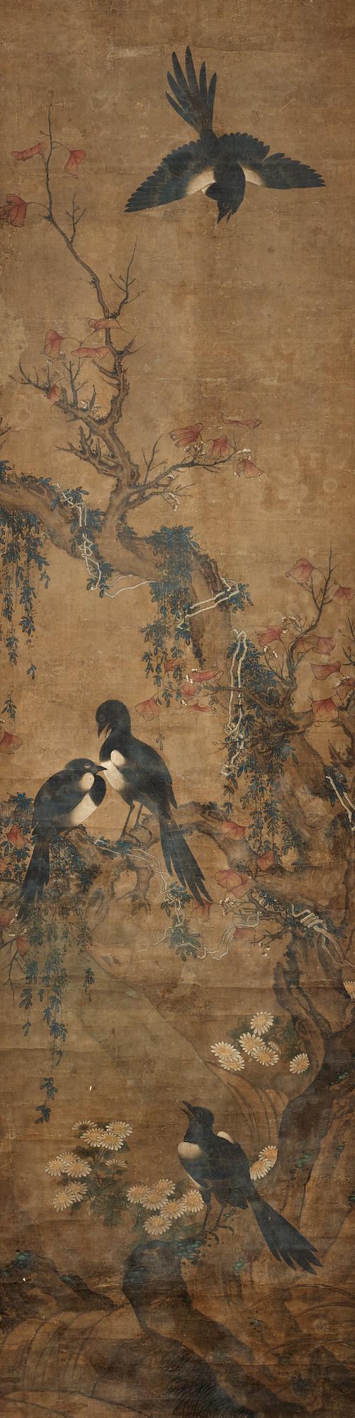 MÅLNING, okänd konstnär, motiv med skator. Qingdynastin, troligen 1700-tal.