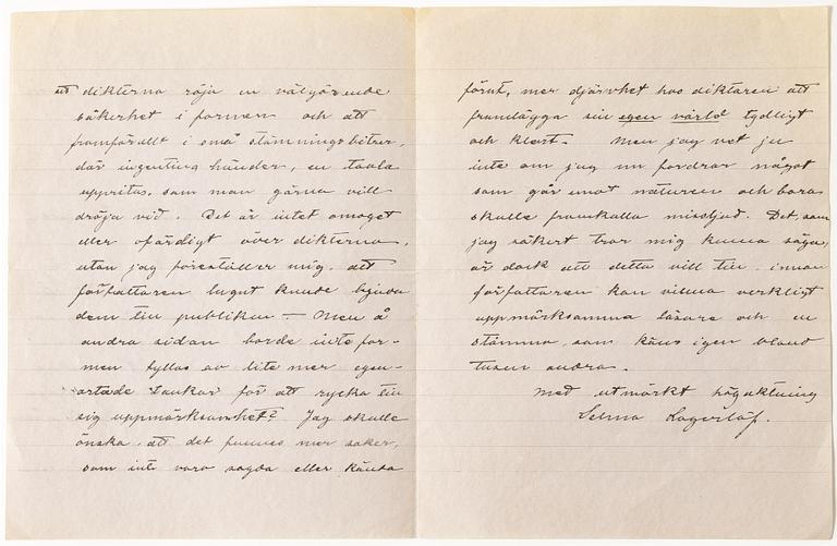Selma Lagerlöf, signerat brev, Mårbacka, Sunne, 22/11 1914.