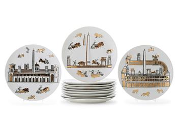 Piero Fornasetti, a set of eleven porcelain plates, Milano, Italy.