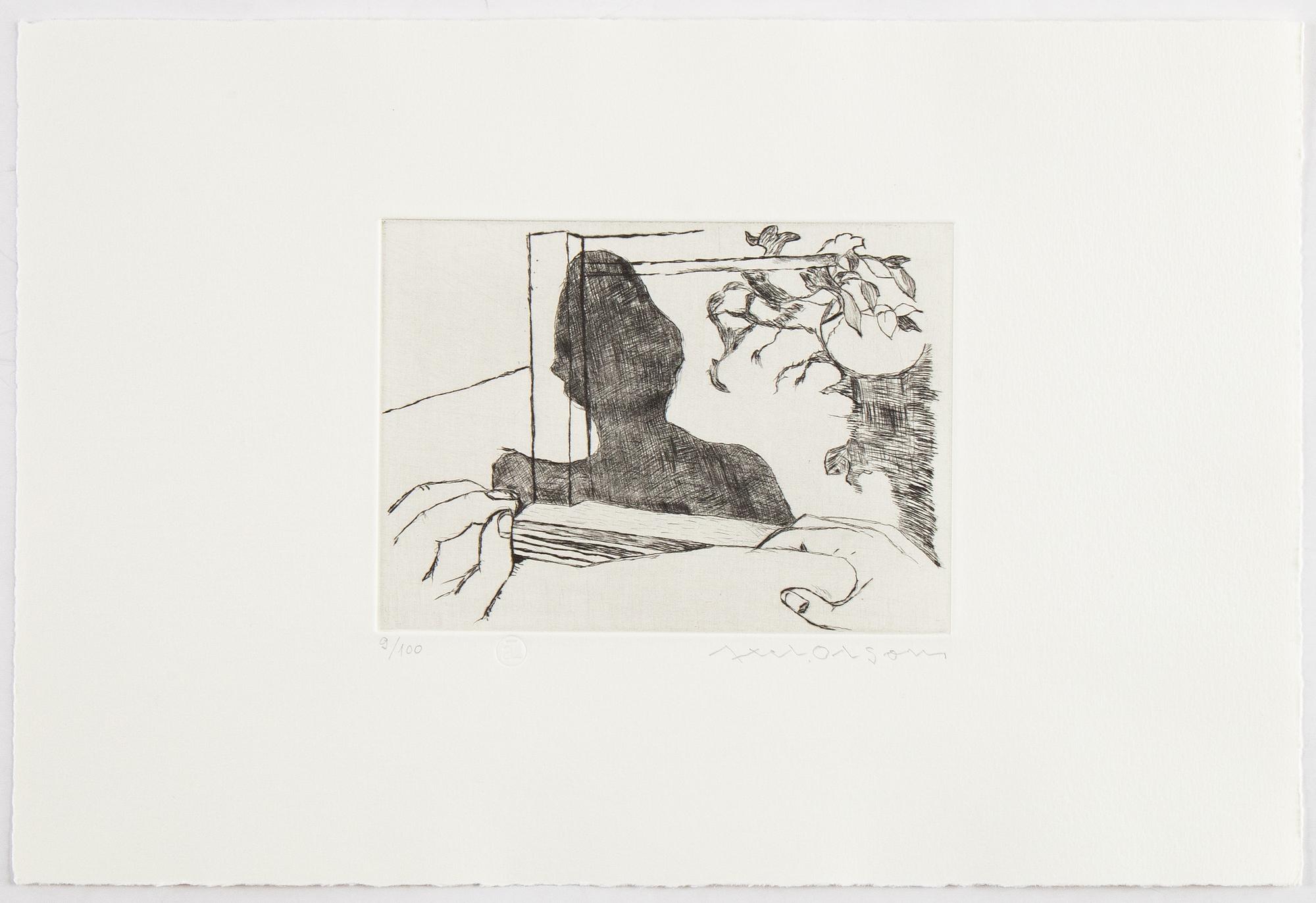 Axel Olson, mapp med tre torrnålsetsningar, 1984, signerade 9/100.
