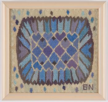 Barbro Nilsson, a 'Nejlikan, blå' textil, c. 20,5 x 22 cm, signed BN.