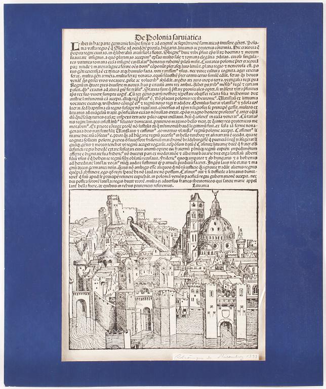 BOKBLAD UR INKUNABEL, troligen ur "Liber Chronicarum", Nürnberg 1493.