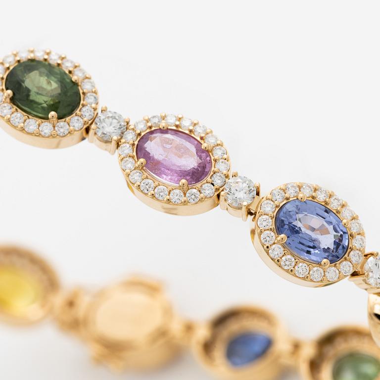 Bracelet 18K gold with oval multi-coloured sapphires and round brilliant-cut diamonds.