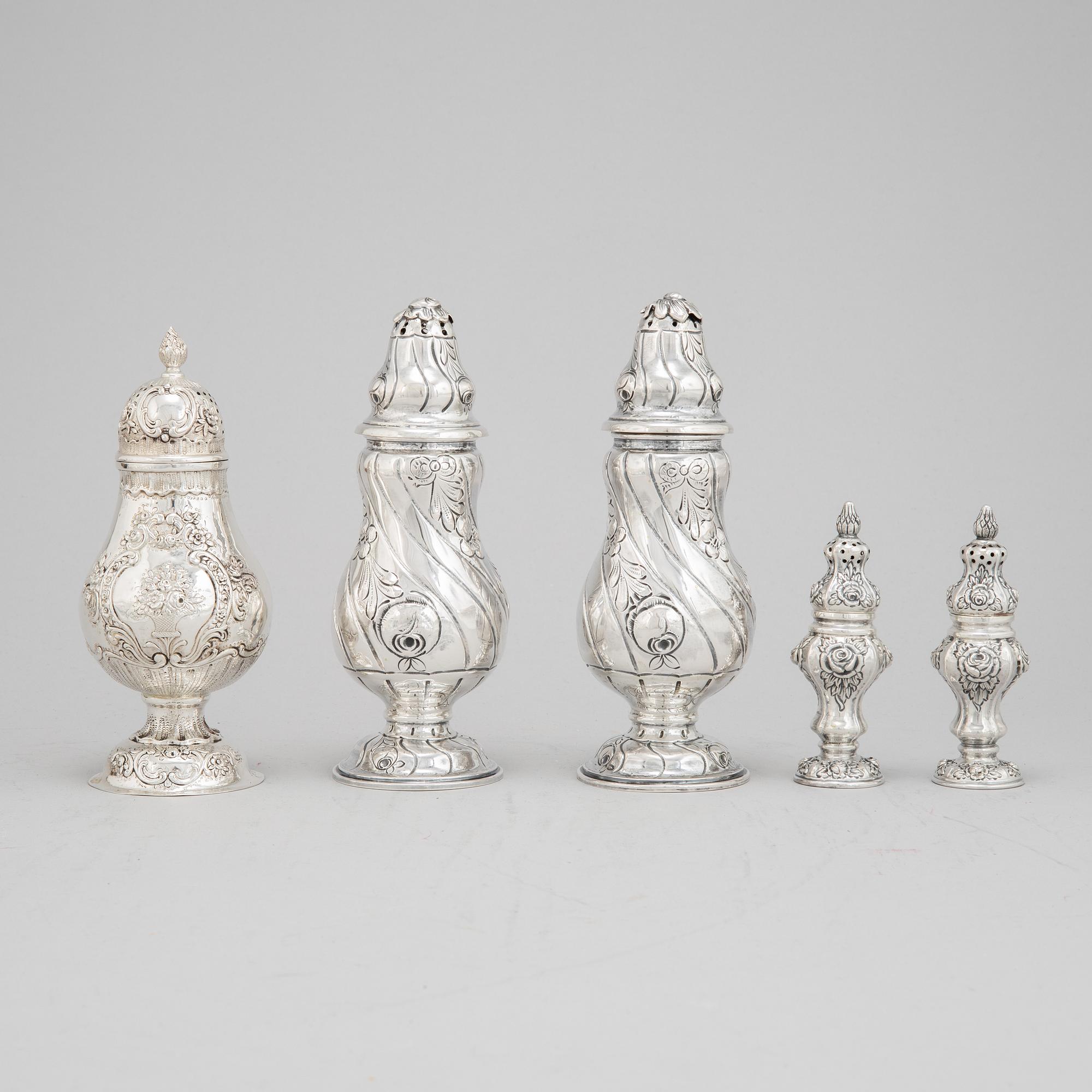 2+2+1 rococo style silver sugar shakers, Swedish import mark.