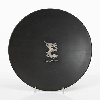 Five dishes, and one box with gaming chips, isolite with silver decor, Perstorp, Sweden, mid-20th century.