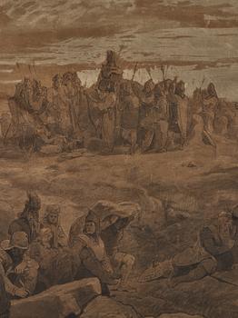 August Malmström och Hans Gude, tuschlavyr på brunt papper förhöjd med vit gouache, signerad Hans Gude och A. Malmström.