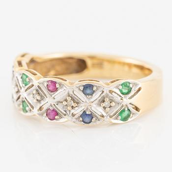 Ring, 18K gold with emeralds, rubies, sapphires, and small diamonds.