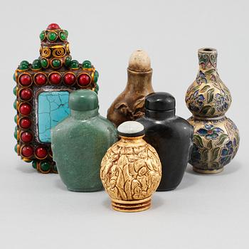 SNUSFLASKOR, 6 st, glas och porslin, Kina, 1900-tal.