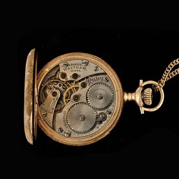 SAVONETTUR OCH KEDJA, dam, 14k resp 18k guld. Waltham Watch Co, USA, modell 1898, Ruby. Vikt 20,6 resp 10,9g.