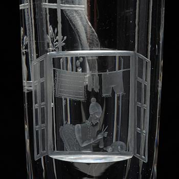 Tapio Wirkkala, a rare engraved "Finestra" glass vase, Iittala, Finland, 1947, model 3220, engraved by Theodor Käppi.