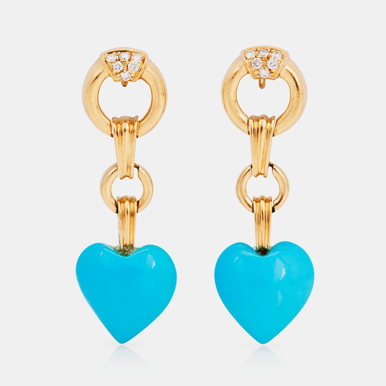 A pair of heart shaped turquoise and brilliant-cut diamond earrings. Total gem-weight diamonds circa 0.12ct.