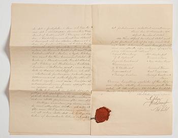 Konvolutet till Alfred Nobels testamente 1895, egenhändigt rubricerat: Testamente /My Will och signerat samt lacksigill.