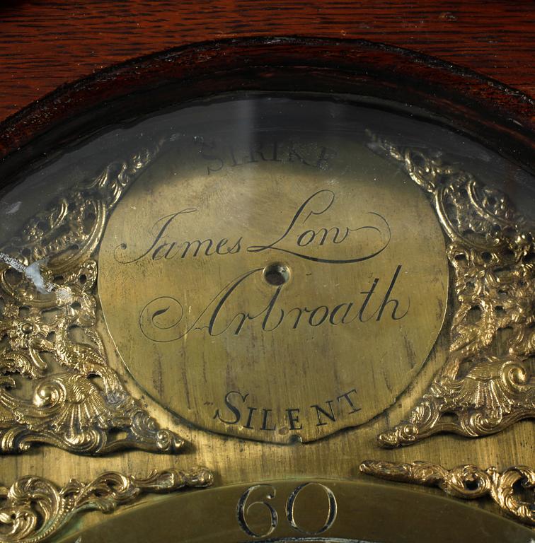 A grandfather clock, clockface marked Jamed Low, Arbroath, 19th century.