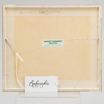 BARTON LIDICE BENES, collage/mixed media on paper in perspex box, signed Barton Lidice Benes & dated 1985 with pencil.