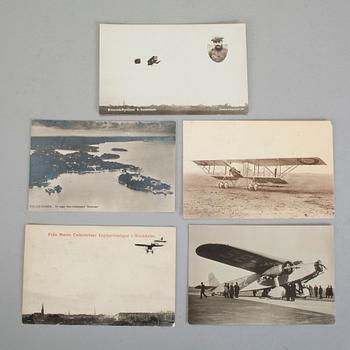 FLYGMEMORABILIA, 8 delar, vykort, flygkartor, tabellaffischer ABA, 1910-tal till 1930-40-tal.