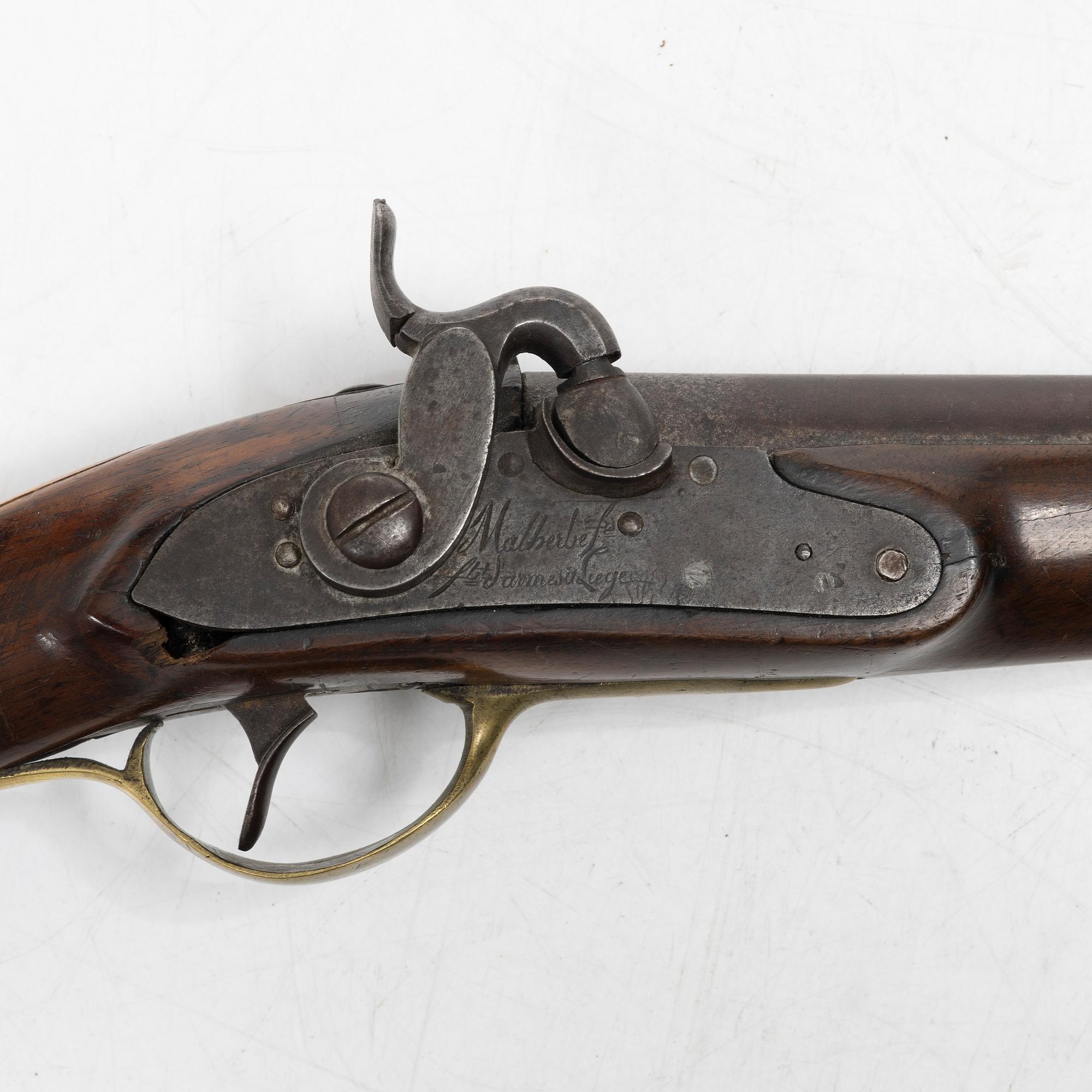 A military percussion pistol 19th century. Converted from flintlock, marked Malherbes, fabr d'armes a Liege.