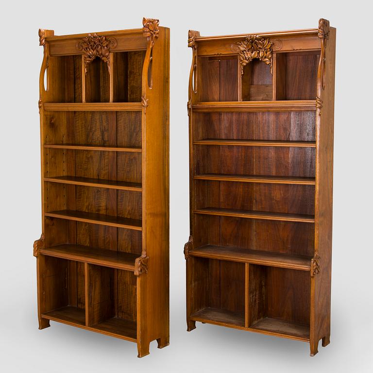 Bokhyllor, 2 st, jugend, Sverige kring år 1900.