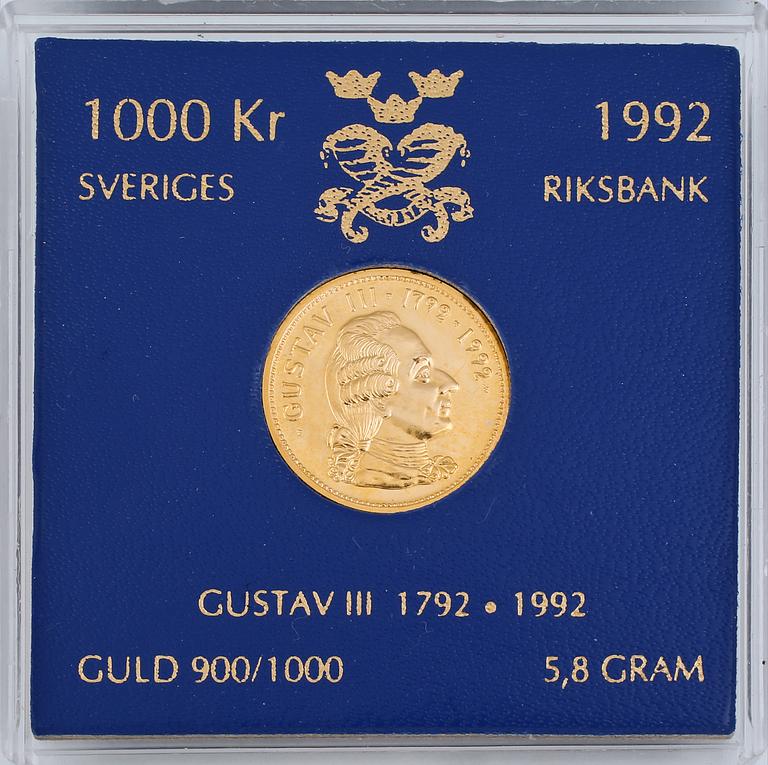 MYNT, guld 900/1000, Sveriges Riksbank jubileumsmynt 1992, vikt 5,8 g.