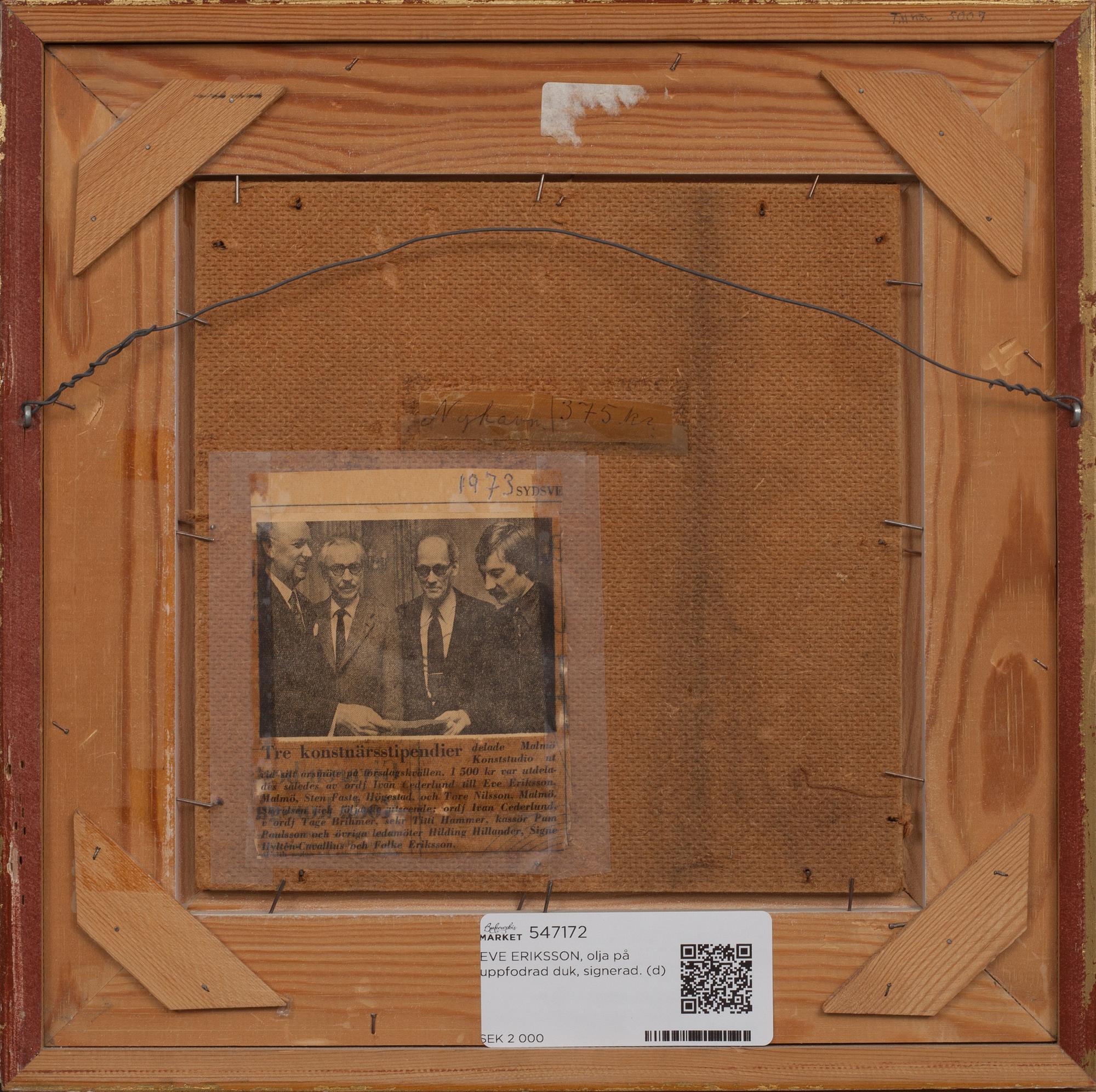 EVE ERIKSSON, olja på uppfodrad duk, signerad.