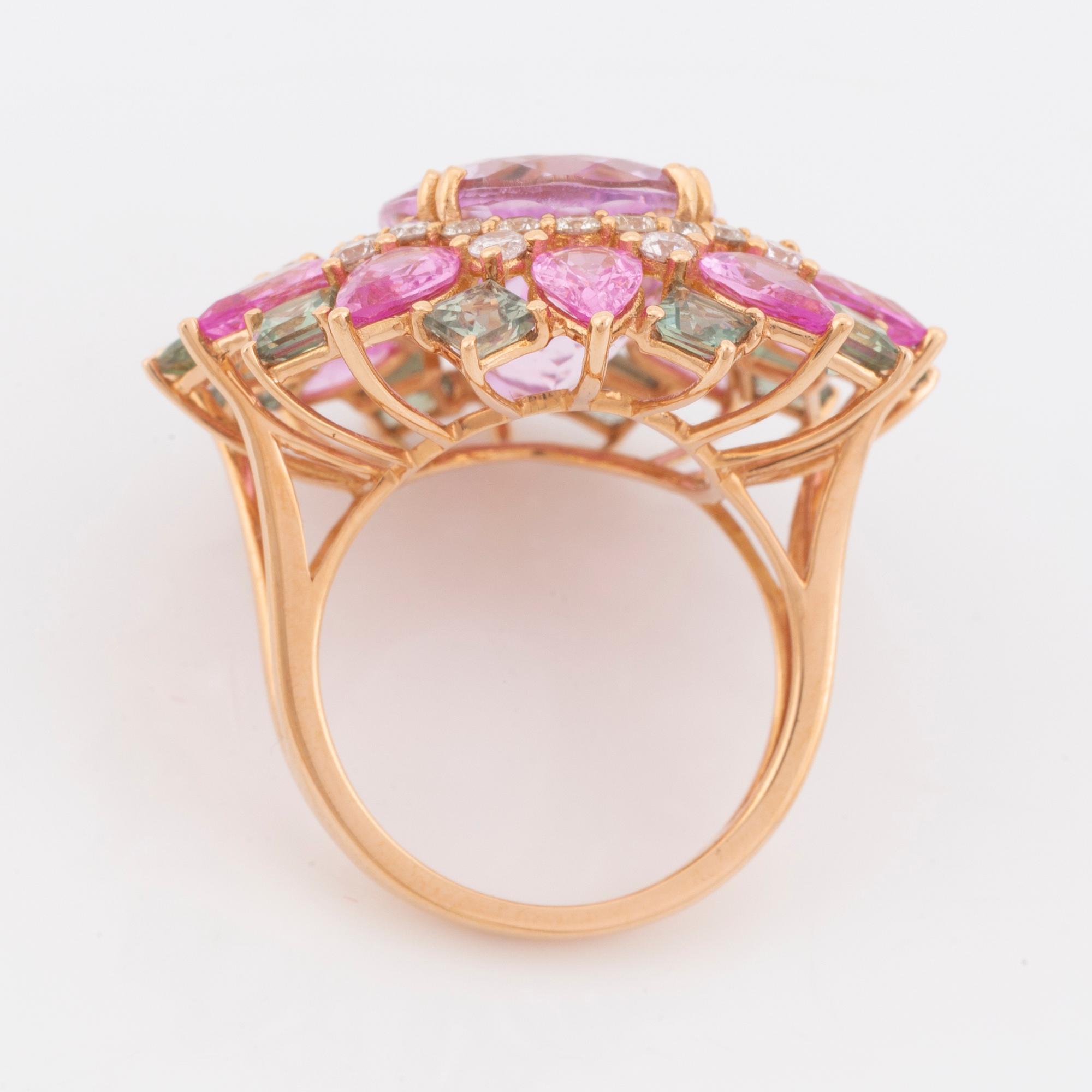 Kunzite, pink and green sapphire and brilliant  cut diamond cocktail ring.