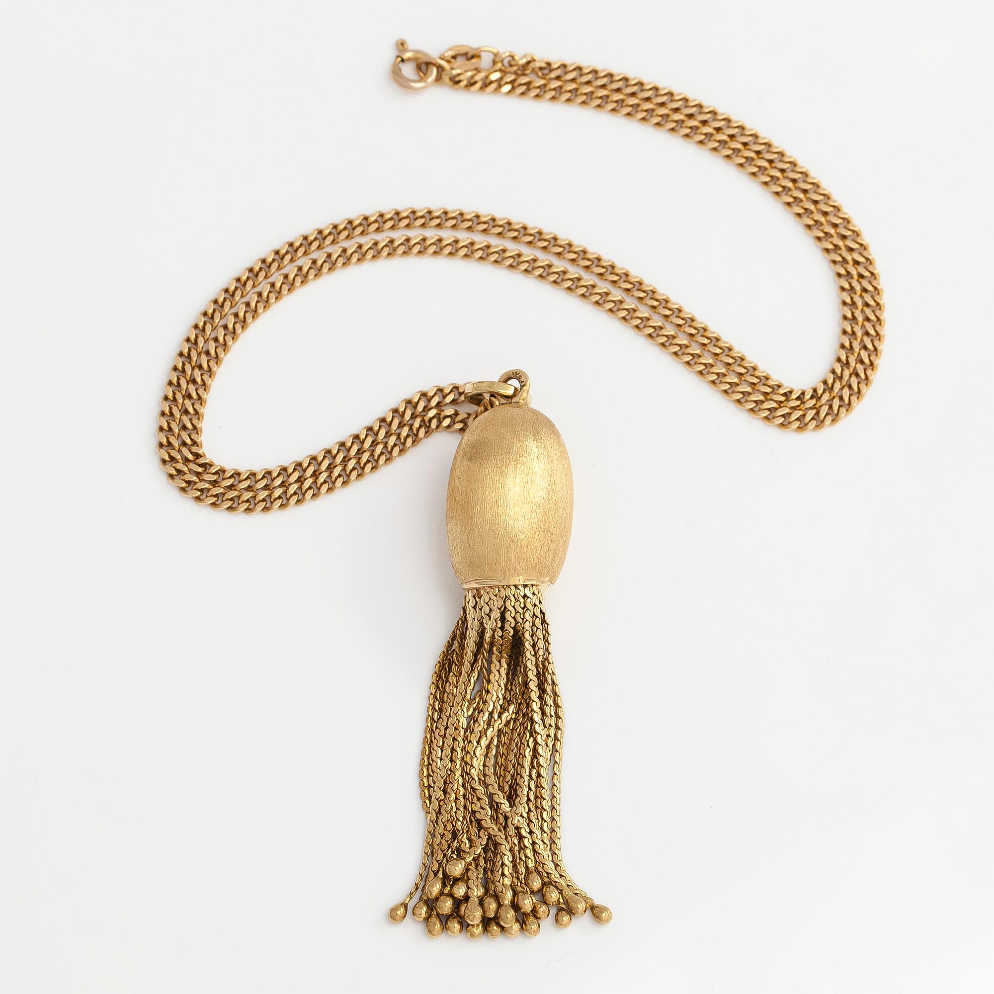 Kaulakoru, 14K ja 18K kultaa, tupsuriipuksella. Sveitsi ja Italia.